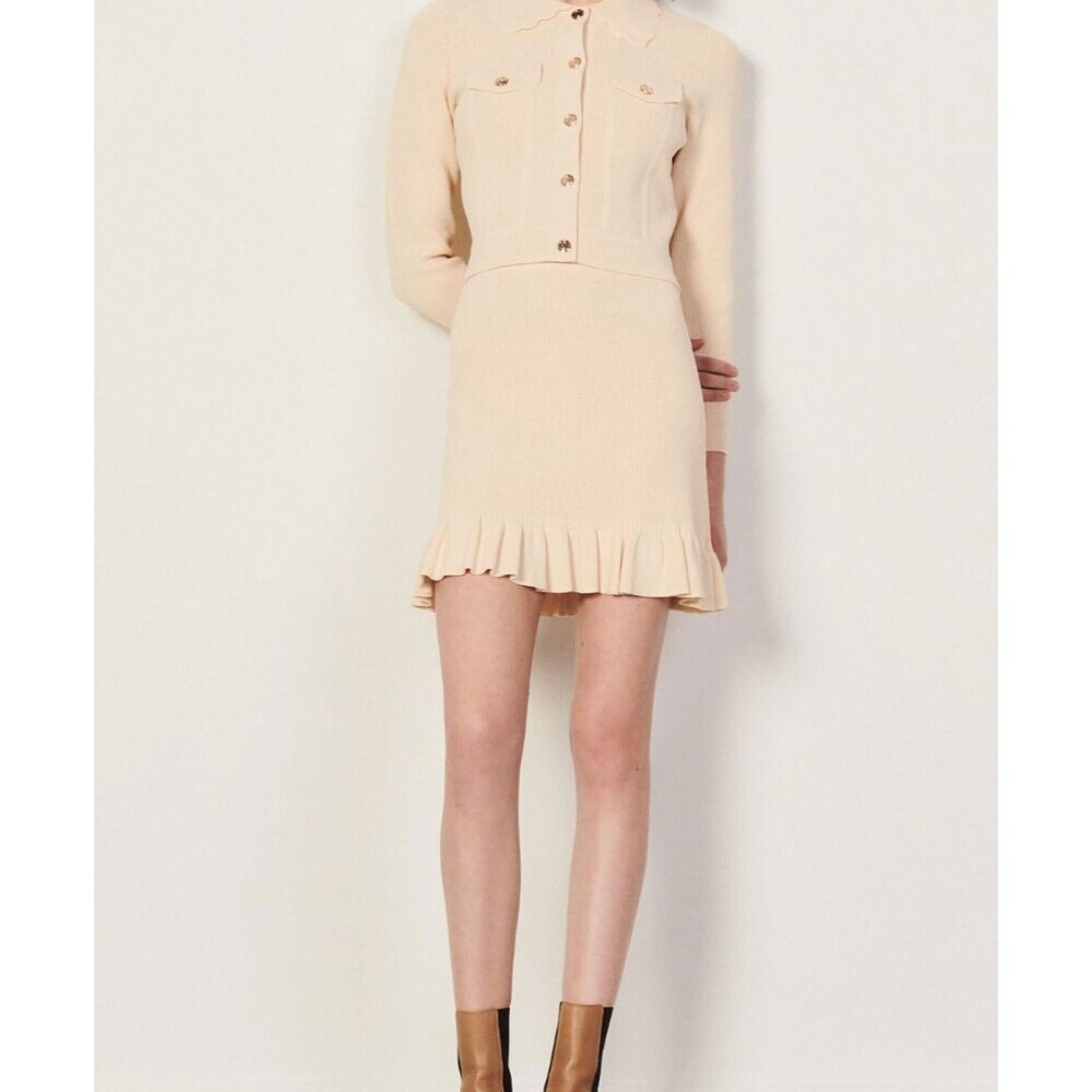 Sandro NWT Waffle Knit Ruffle Mini Skirt in Ivory Size 38 or US 6